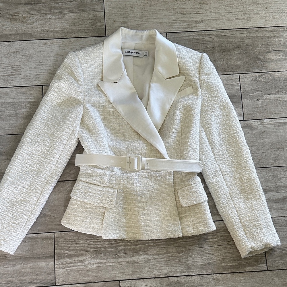 Self-Portrait Cream Textured Tweed Belted Blazer Jacket